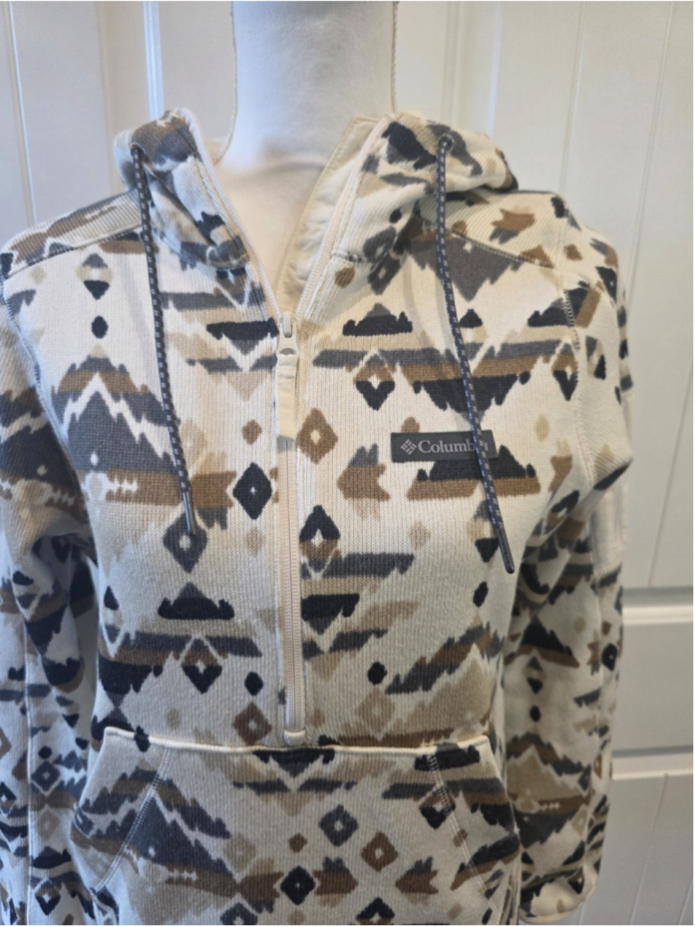 Columbia Sweater Weather Fleece Hooded Quarter Zip Sz S Cream Aztec Outdoor Hike - Picture 7 of 14